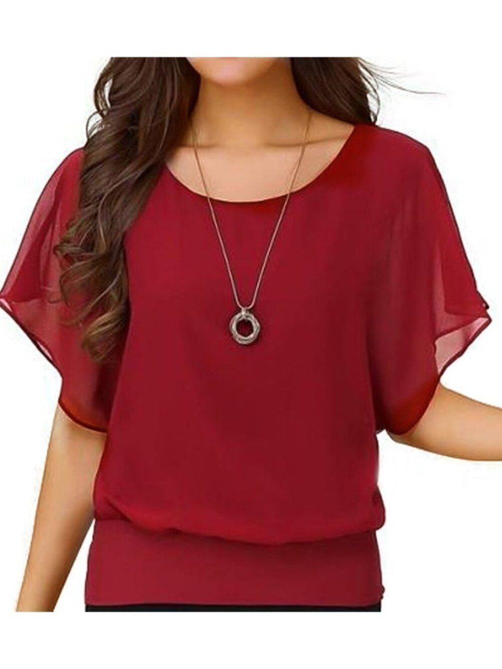 Women's Red Elegant Loose Casual Short Sleeve Chiffon Top T Shirt Blouses